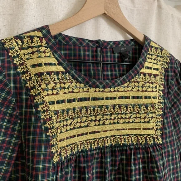 J. Crew Holiday Tartan Plaid Embroidered Gold Popover Peasant Blouse Medium - Picture 4 of 7